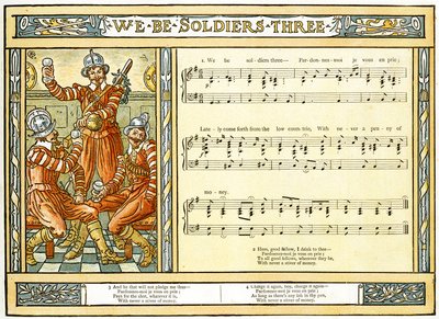 「We Be Soldiers Three」、「Pan-Pipes」の歌のイラスト、古歌の本、新しくアレンジされ、Theoの伴奏付き。 Marzials、George Routledge und Sons、1884年にロンドンで発行（カラー 作： Walter Crane